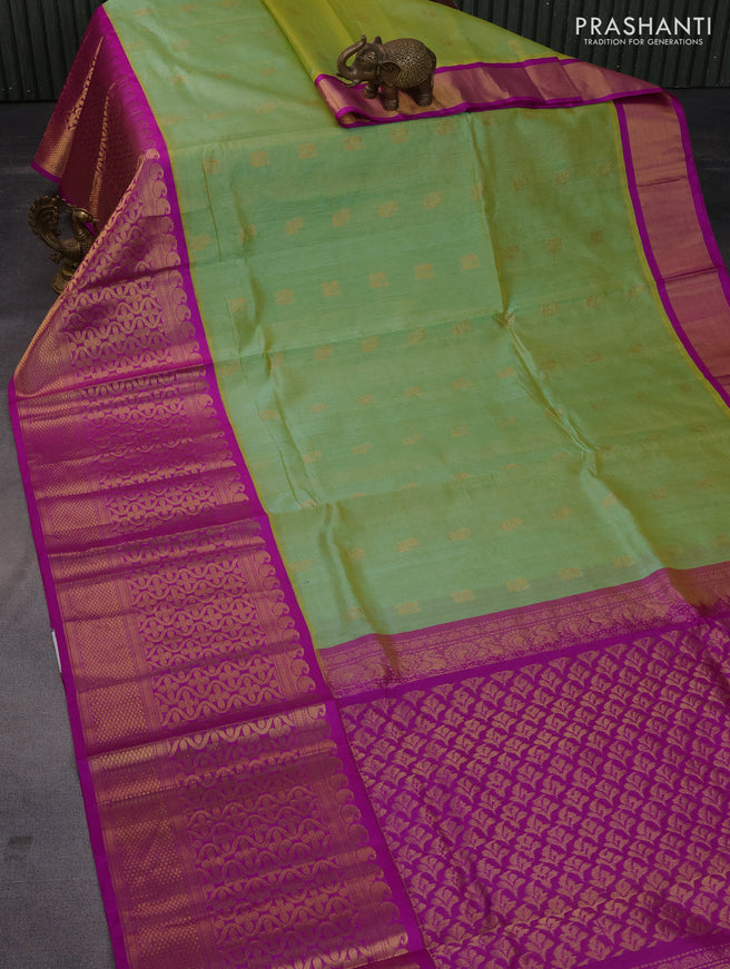 Kuppadam silk cotton saree dual shade of green and purple with zari woven checks & buttas and long zari woven border