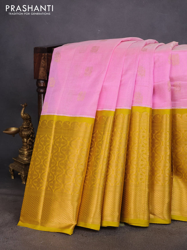 Kuppadam silk cotton saree baby pink and yellow with zari woven checks & buttas and long zari woven border