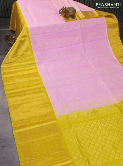 Kuppadam silk cotton saree baby pink and yellow with zari woven checks & buttas and long zari woven border