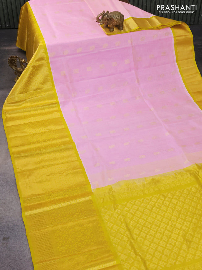 Kuppadam silk cotton saree baby pink and yellow with zari woven checks & buttas and long zari woven border