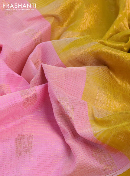 Kuppadam silk cotton saree baby pink and yellow with zari woven checks & buttas and long zari woven border