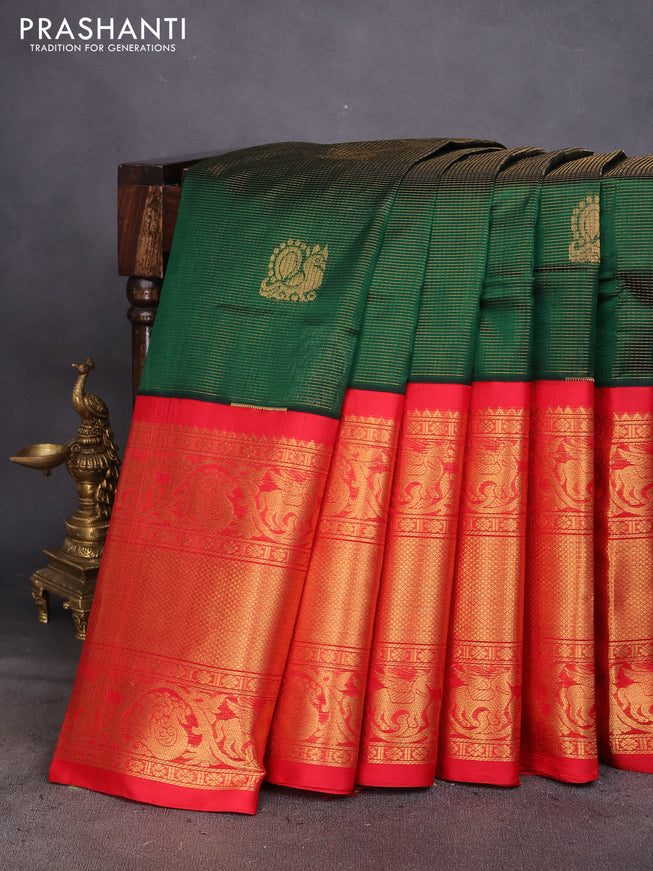 Kuppadam silk cotton saree green and red with zari woven checks & buttas and long zari woven border