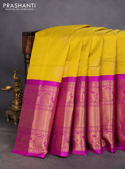 Kuppadam silk cotton saree mustard yellow and piurple with zari woven checks & buttas and long zari woven border