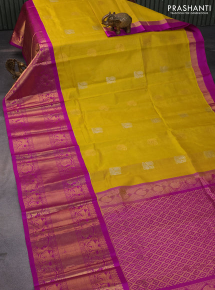 Kuppadam silk cotton saree mustard yellow and piurple with zari woven checks & buttas and long zari woven border