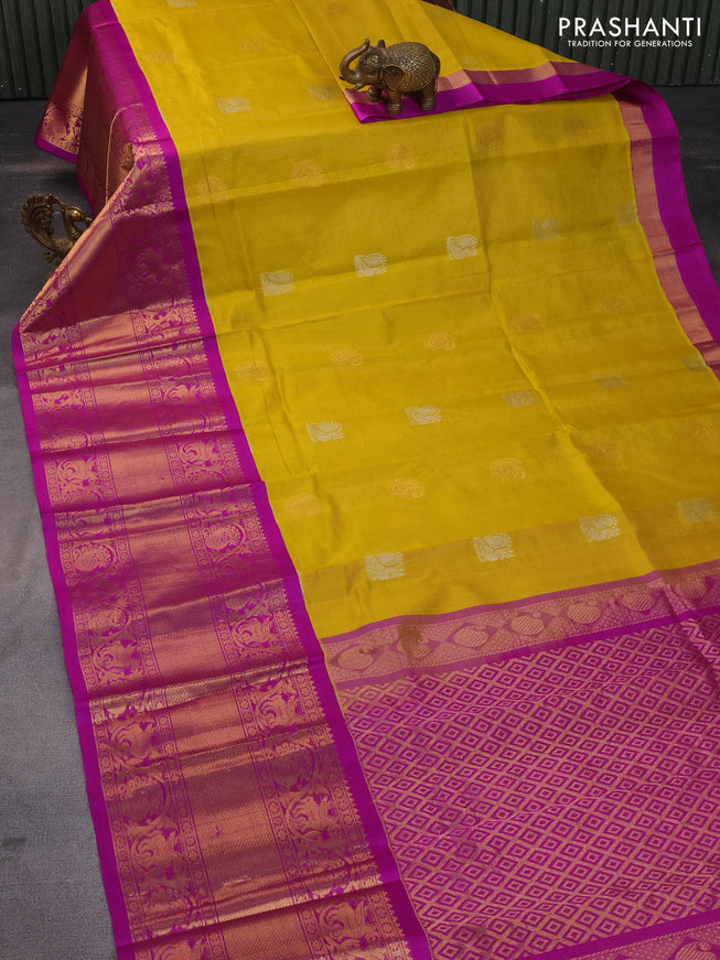 Kuppadam silk cotton saree mustard yellow and piurple with zari woven checks & buttas and long zari woven border