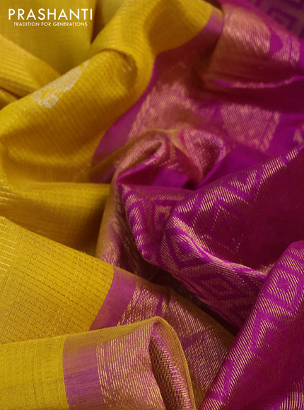 Kuppadam silk cotton saree mustard yellow and piurple with zari woven checks & buttas and long zari woven border