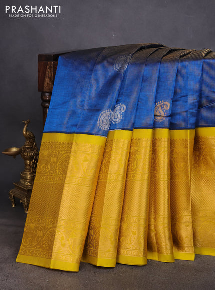 Kuppadam silk cotton saree peacock blue and lime yellow with zari woven checks & buttas and long zari woven border