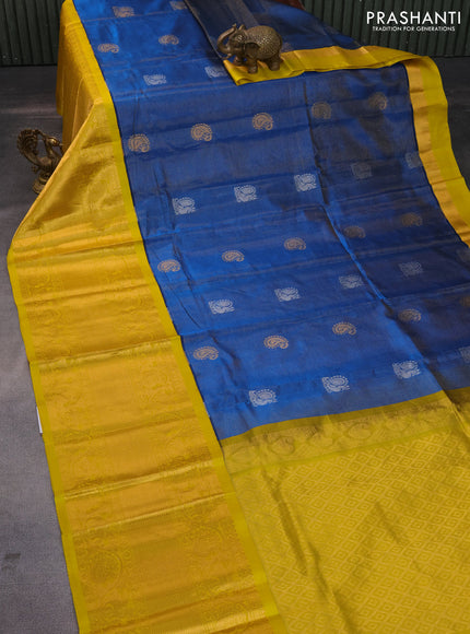 Kuppadam silk cotton saree peacock blue and lime yellow with zari woven checks & buttas and long zari woven border