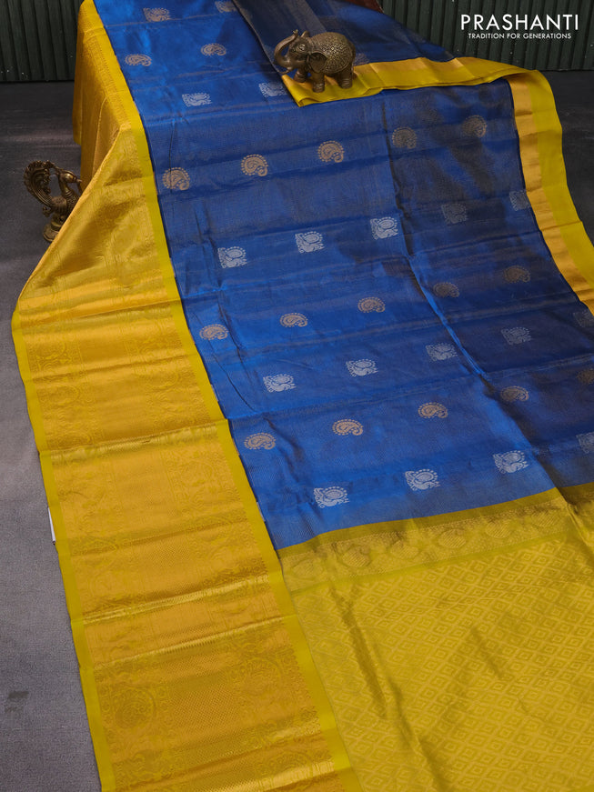 Kuppadam silk cotton saree peacock blue and lime yellow with zari woven checks & buttas and long zari woven border