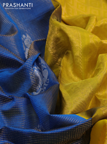 Kuppadam silk cotton saree peacock blue and lime yellow with zari woven checks & buttas and long zari woven border