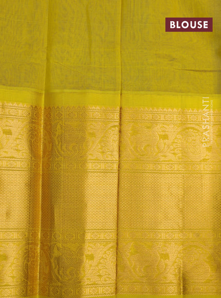 Kuppadam silk cotton saree peacock blue and lime yellow with zari woven checks & buttas and long zari woven border