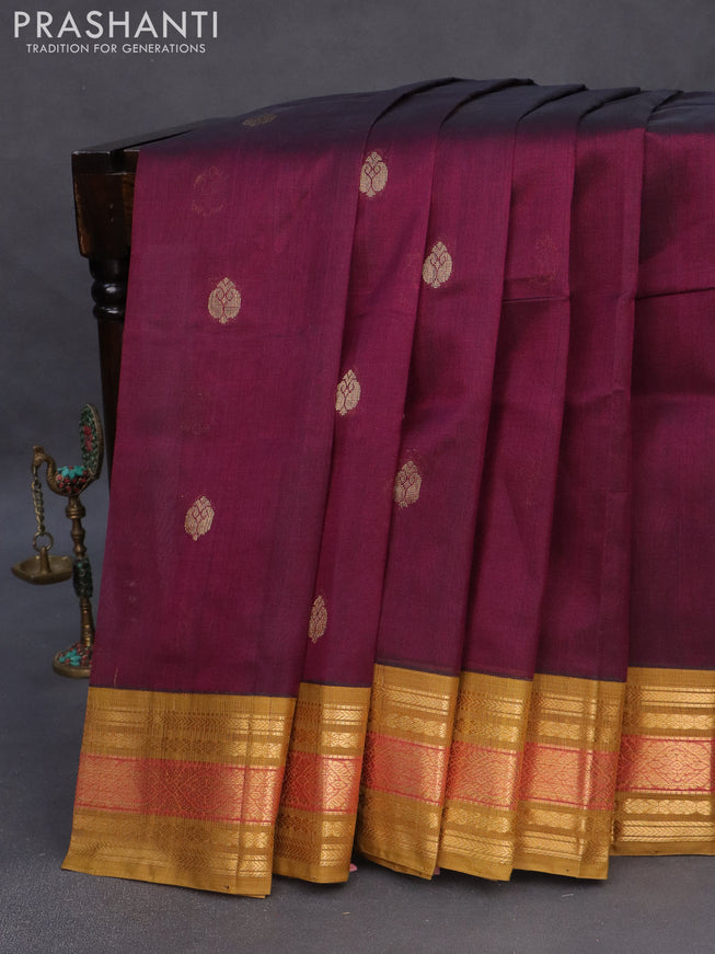 Silk cotton saree wine shade and dark mustard with zari woven buttas and zari woven korvai border