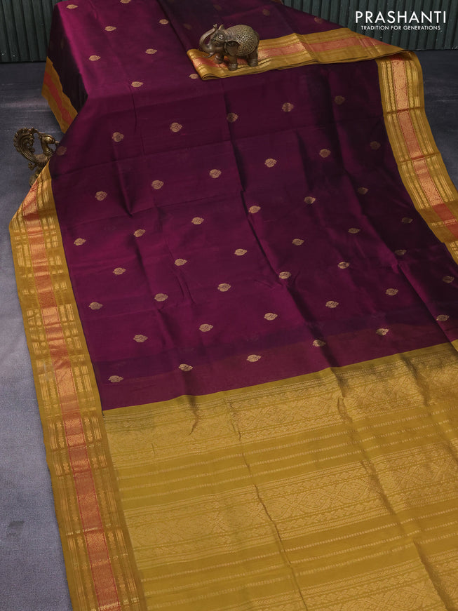 Silk cotton saree wine shade and dark mustard with zari woven buttas and zari woven korvai border