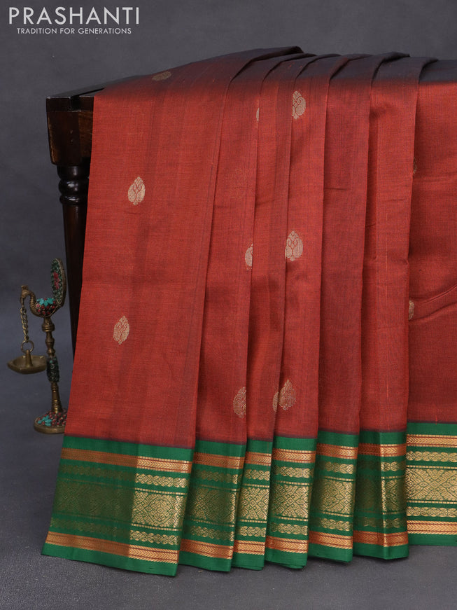 Silk cotton saree brown and green with zari woven buttas and zari woven korvai border