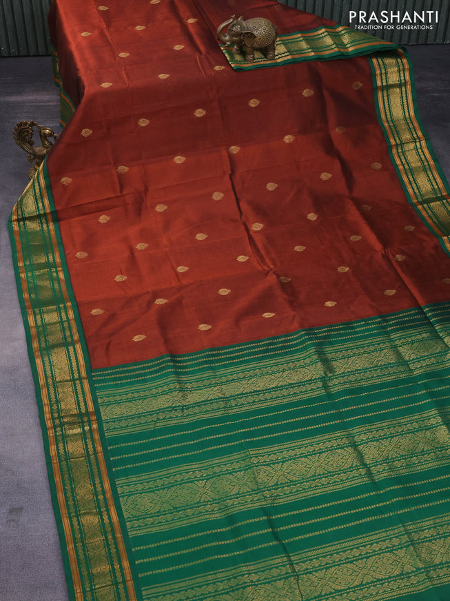 Silk cotton saree brown and green with zari woven buttas and zari woven korvai border