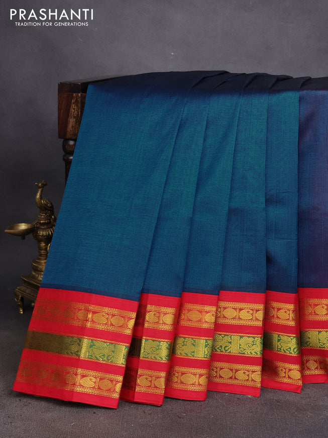 Silk cotton saree peacock blue and red with plain body and zari woven korvai border