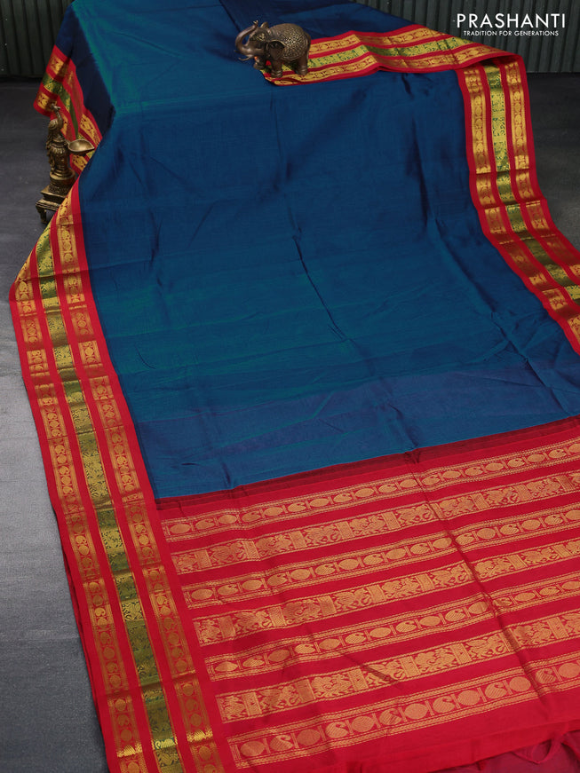 Silk cotton saree peacock blue and red with plain body and zari woven korvai border