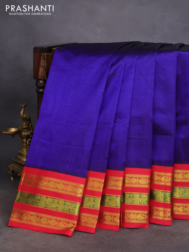 Silk cotton saree blue and red with plain body and zari woven korvai border