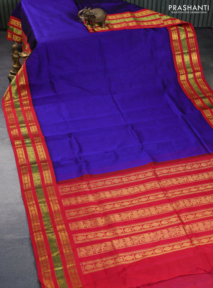 Silk cotton saree blue and red with plain body and zari woven korvai border