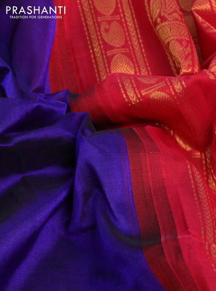 Silk cotton saree blue and red with plain body and zari woven korvai border