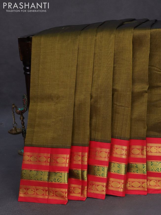 Silk cotton saree mehendi green and red with plain body and zari woven korvai border