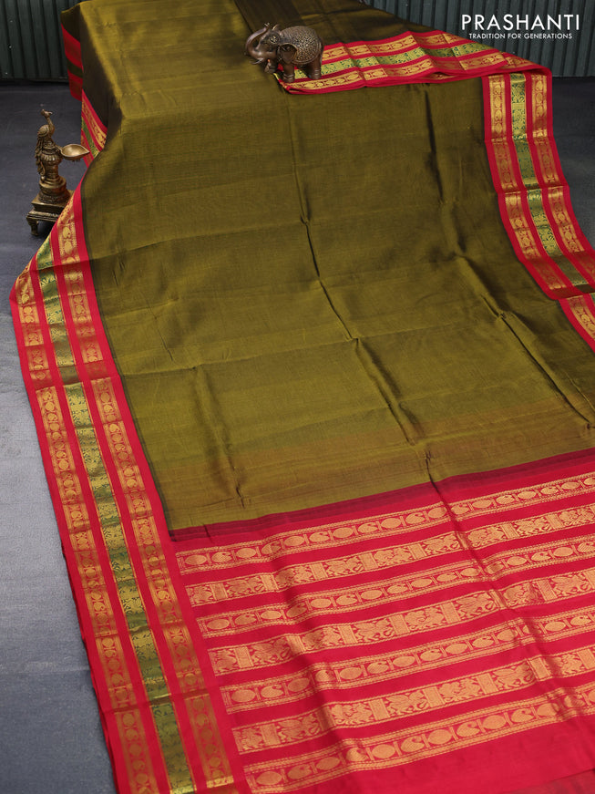 Silk cotton saree mehendi green and red with plain body and zari woven korvai border