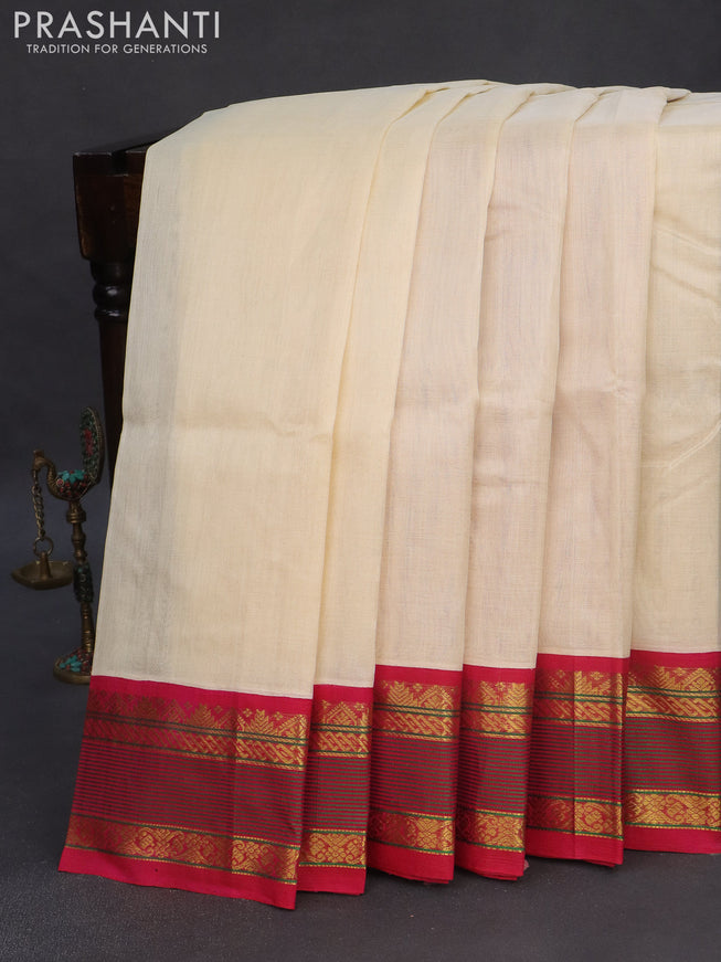 Silk cotton saree cream and pink with plain body and zari woven korvai border