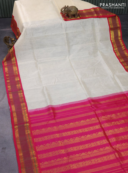 Silk cotton saree cream and pink with plain body and zari woven korvai border