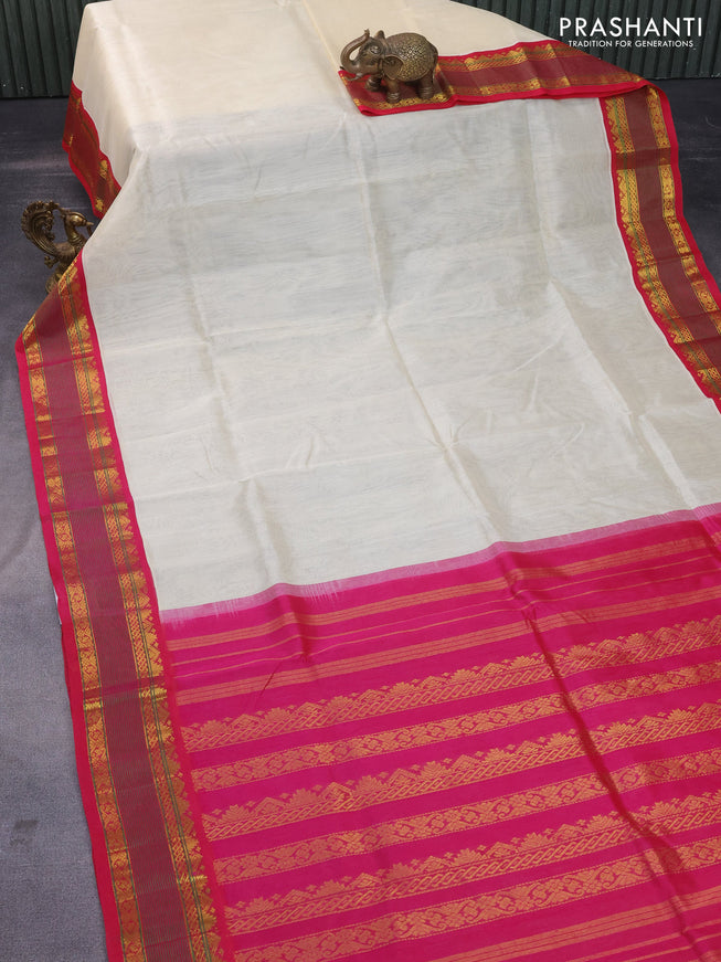 Silk cotton saree cream and pink with plain body and zari woven korvai border