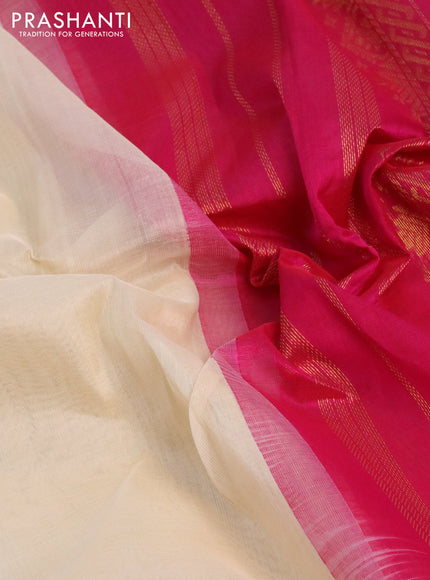 Silk cotton saree cream and pink with plain body and zari woven korvai border