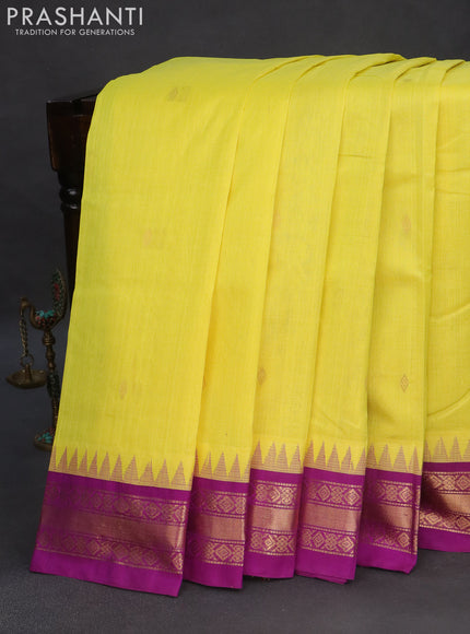 Silk cotton saree lime yellow and purple with zari woven buttas and teample design zari woven korvai border