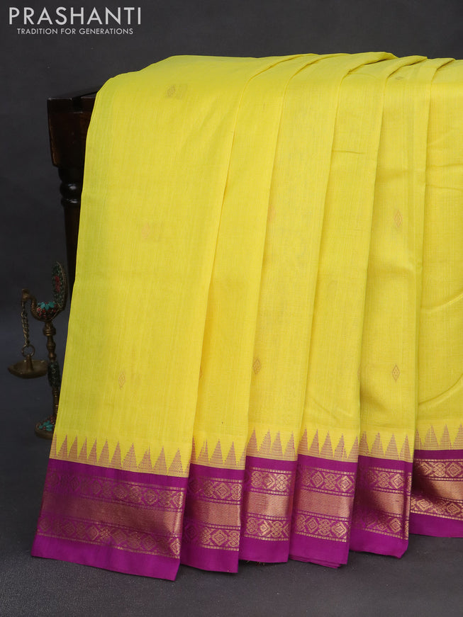 Silk cotton saree lime yellow and purple with zari woven buttas and teample design zari woven korvai border