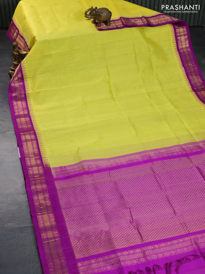 Silk cotton saree lime yellow and purple with zari woven buttas and teample design zari woven korvai border