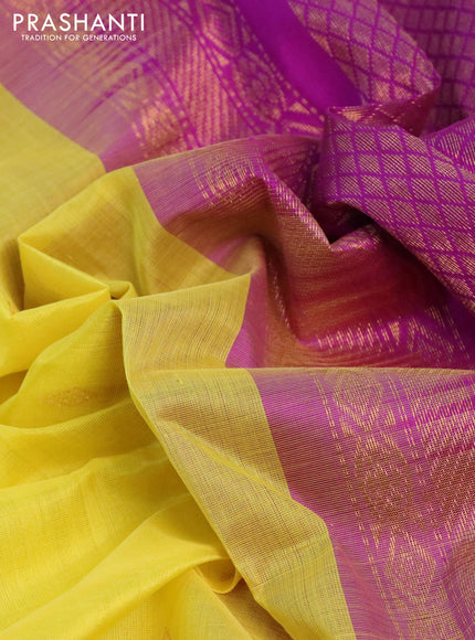 Silk cotton saree lime yellow and purple with zari woven buttas and teample design zari woven korvai border