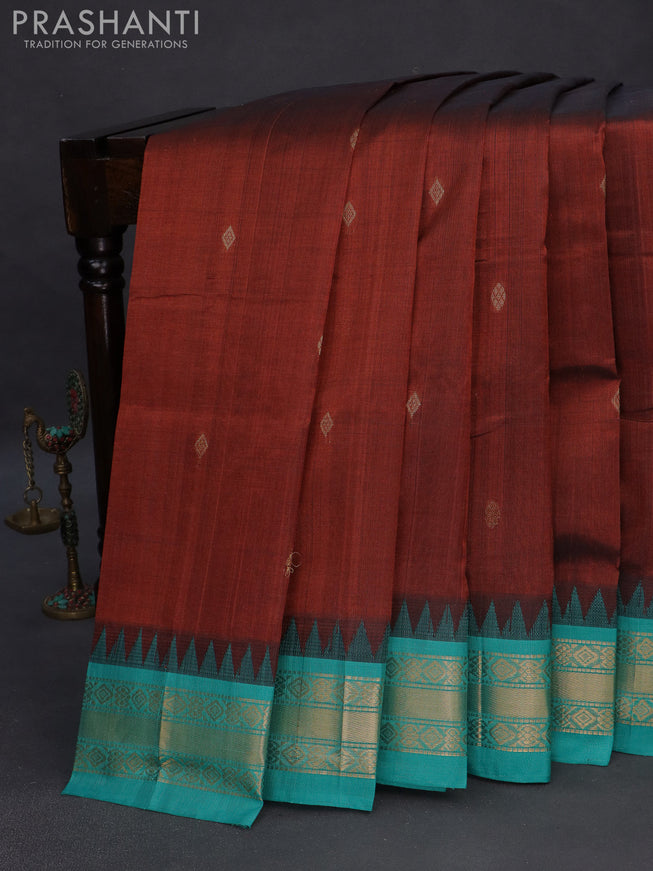 Silk cotton saree brown and teal blue with zari woven buttas and teample design zari woven korvai border