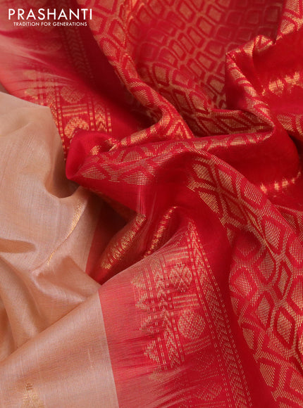 Silk cotton saree sandal and red with zari woven buttas and teample design zari woven korvai border