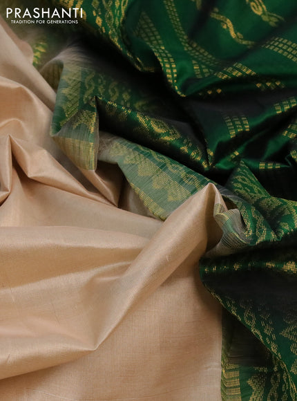 Silk cotton saree beige and green with plain body and zari woven korvai border