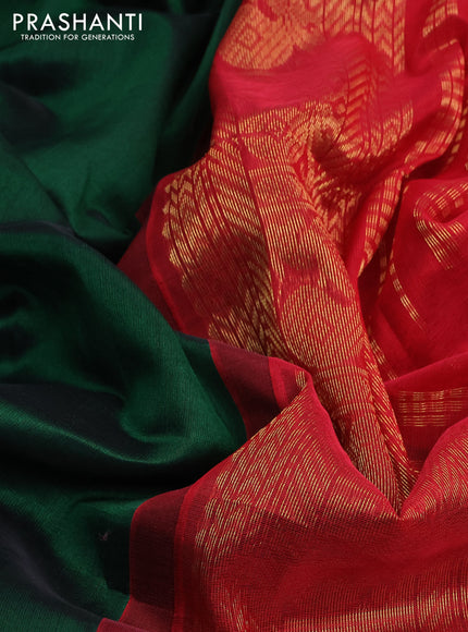 Silk cotton saree dark green and red with plain body and zari woven korvai annam border