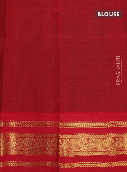 Silk cotton saree dark green and red with plain body and zari woven korvai annam border