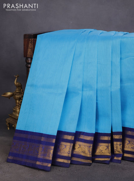 Silk cotton saree light blue and blue with plain body and zari woven korvai annam border