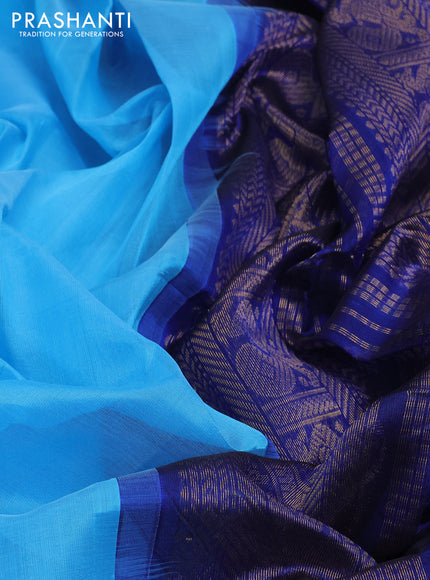 Silk cotton saree light blue and blue with plain body and zari woven korvai annam border