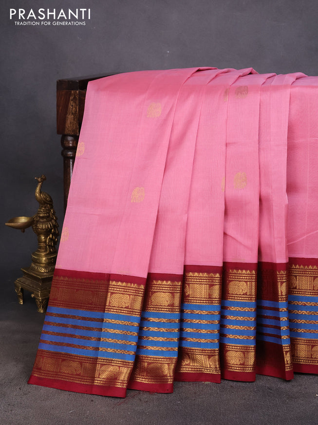 Silk cotton saree peach pink and maroon with zari woven elephant buttas and long zari woven korvai border