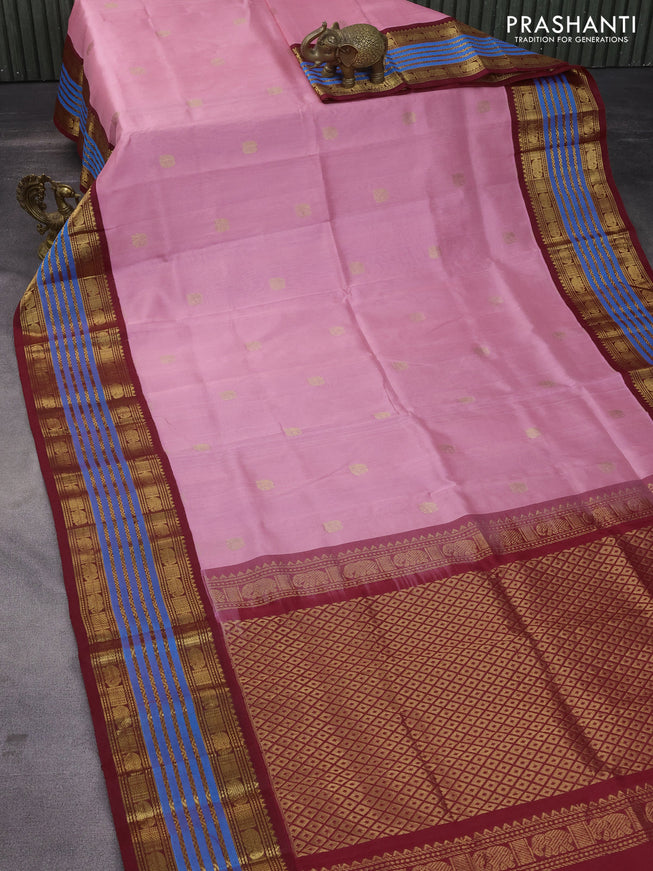 Silk cotton saree peach pink and maroon with zari woven elephant buttas and long zari woven korvai border