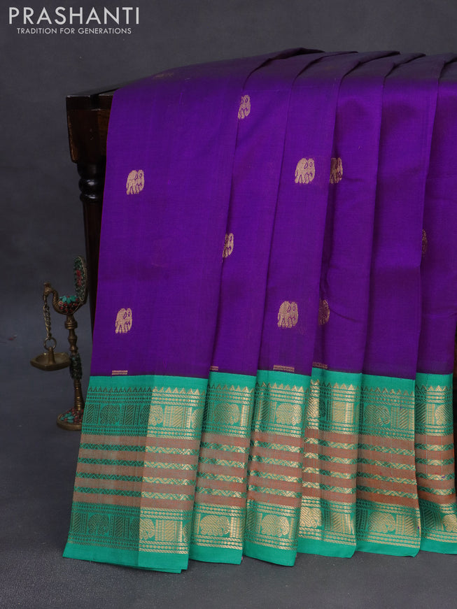 Silk cotton saree purple and teal blue with zari woven elephant buttas and long zari woven korvai border