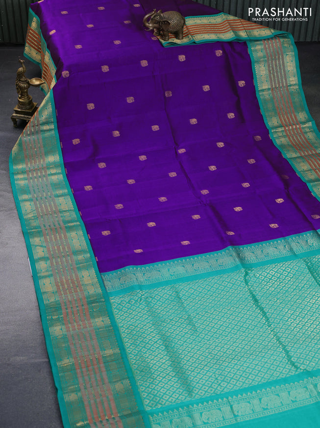 Silk cotton saree purple and teal blue with zari woven elephant buttas and long zari woven korvai border