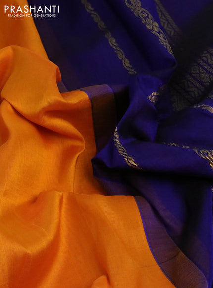 Silk cotton saree mango yellow and blue with plain body and zari woven korvai border