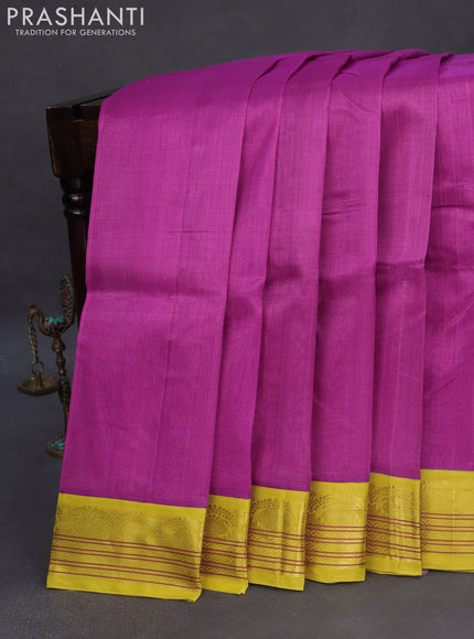 Silk cotton saree magenta pink and yellow with plain body and zari woven korvai border