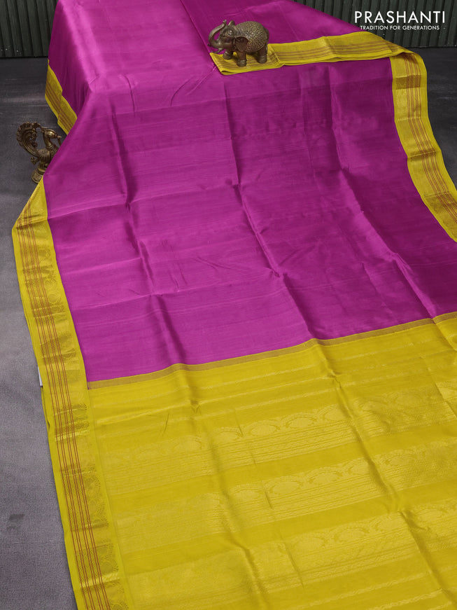 Silk cotton saree magenta pink and yellow with plain body and zari woven korvai border