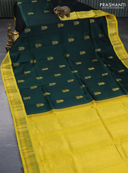 Silk cotton saree dark green and lime yellow with zari woven buttas and zari woven korvai border