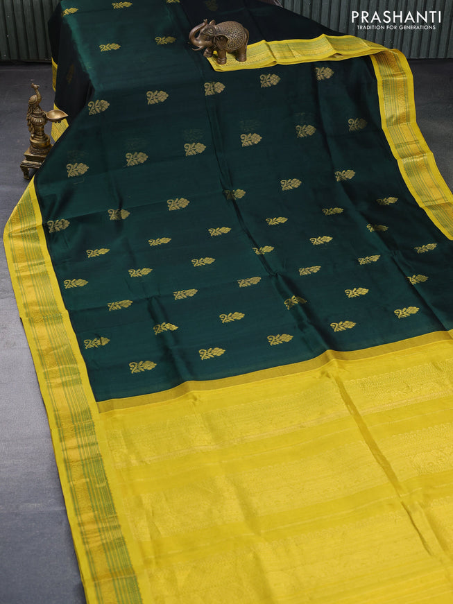 Silk cotton saree dark green and lime yellow with zari woven buttas and zari woven korvai border